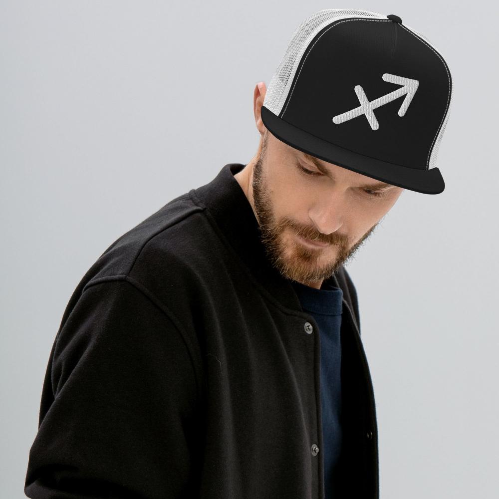 Sagittarius Zodiac Embroidered Flat Bill Trucker Hat - Black/White Color - https://ascensionemporium.net